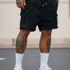 Men's Cargo Shorts with Contrast Stitching in Black