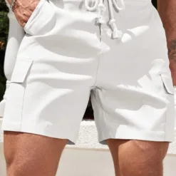 Men's Slim Fit Cargo Shorts in White - Resort Style with Braided Drawstring
