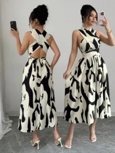 Black & White Abstract Backless Midi Dress