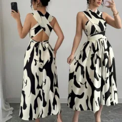 Black & White Abstract Backless Midi Dress