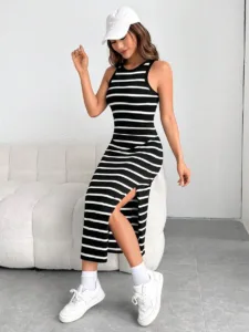 Black & White Striped Bodycon Tank Dress