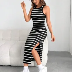Black & White Striped Bodycon Tank Dress