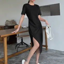 Asymmetrical Hem Black T-Shirt Dress