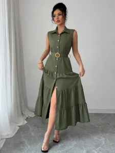 Sleeveless Button-Down Maxi Shirt Dress – Olive Green