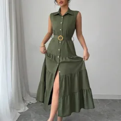Sleeveless Button-Down Maxi Shirt Dress – Olive Green