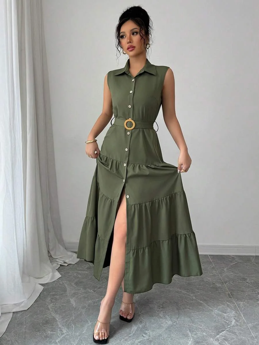 Sleeveless Button-Down Maxi Shirt Dress – Olive Green