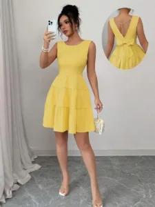 Sleeveless Yellow Fit & Flare Dress with Pearl Back Chain and Bow Detail