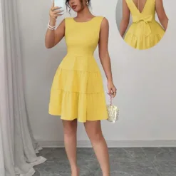 Sleeveless Yellow Fit & Flare Dress with Pearl Back Chain and Bow Detail