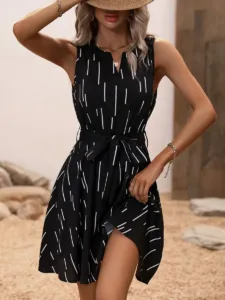 Sleeveless Black Mini Dress with White Stripe Print and Waist Tie