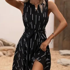 Sleeveless Black Mini Dress with White Stripe Print and Waist Tie