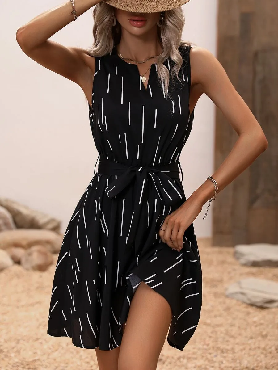 Sleeveless Black Mini Dress with White Stripe Print and Waist Tie