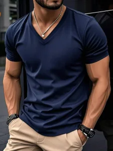 Men's V-Neck T-Shirt in Navy Blue - Slim Fit Stretch Fabric