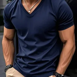Men's V-Neck T-Shirt in Navy Blue - Slim Fit Stretch Fabric