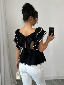 Black Bow-Back Ruffle Sleeve Top