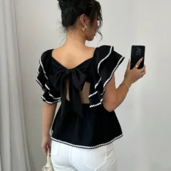 Black Bow-Back Ruffle Sleeve Top