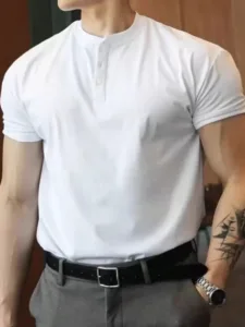 Men's Henley Shirt in White - Slim Fit Stretch Cotton