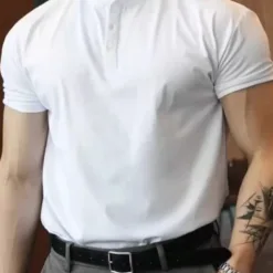 Men's Henley Shirt in White - Slim Fit Stretch Cotton