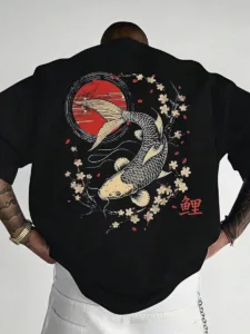 The Dragon's Gate" Koi Fish T-Shirt - Japanese Art & Sakura Design